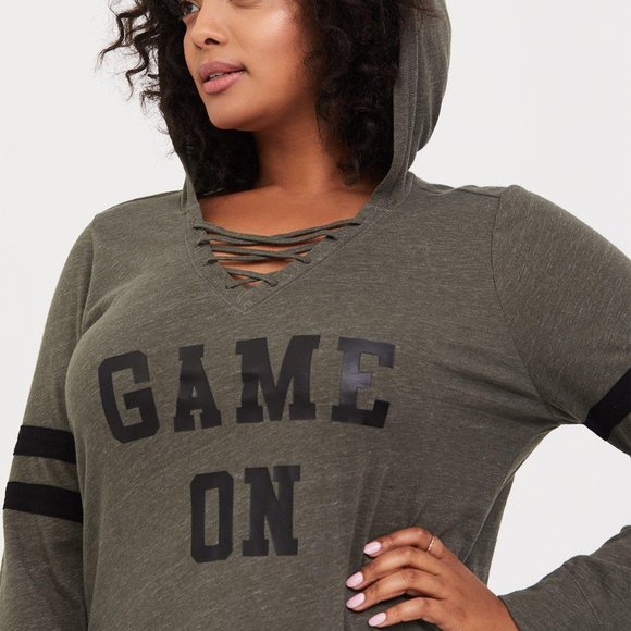 Torrid Game On Olive Green Strappy Football Hoodie Sz 0X - Picture 1 of 16